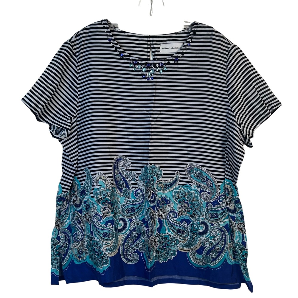 Alfred Dunner French Riviera Striped Paisley Beaded Blouse Blue Black White 16